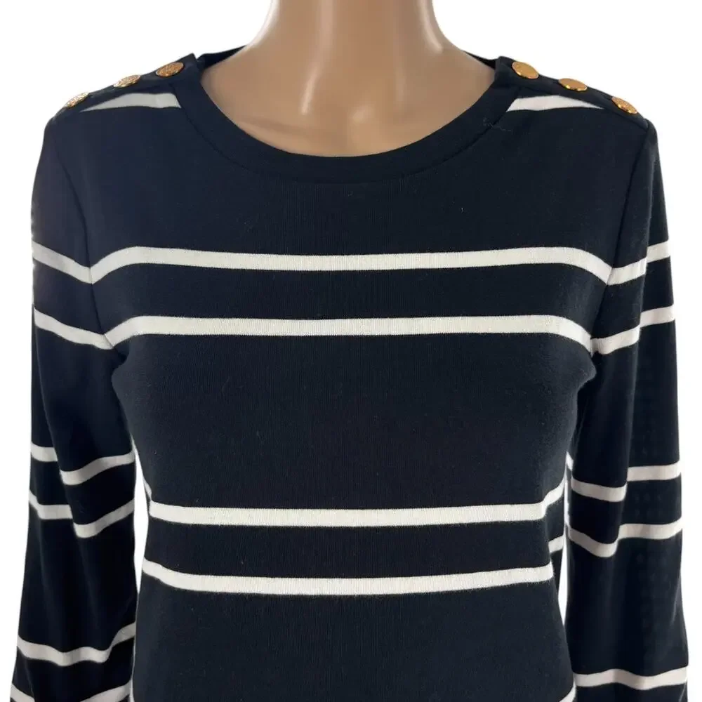 J. Crew Perfect Fit Black Striped Button Shoulder Long Sleeve Top